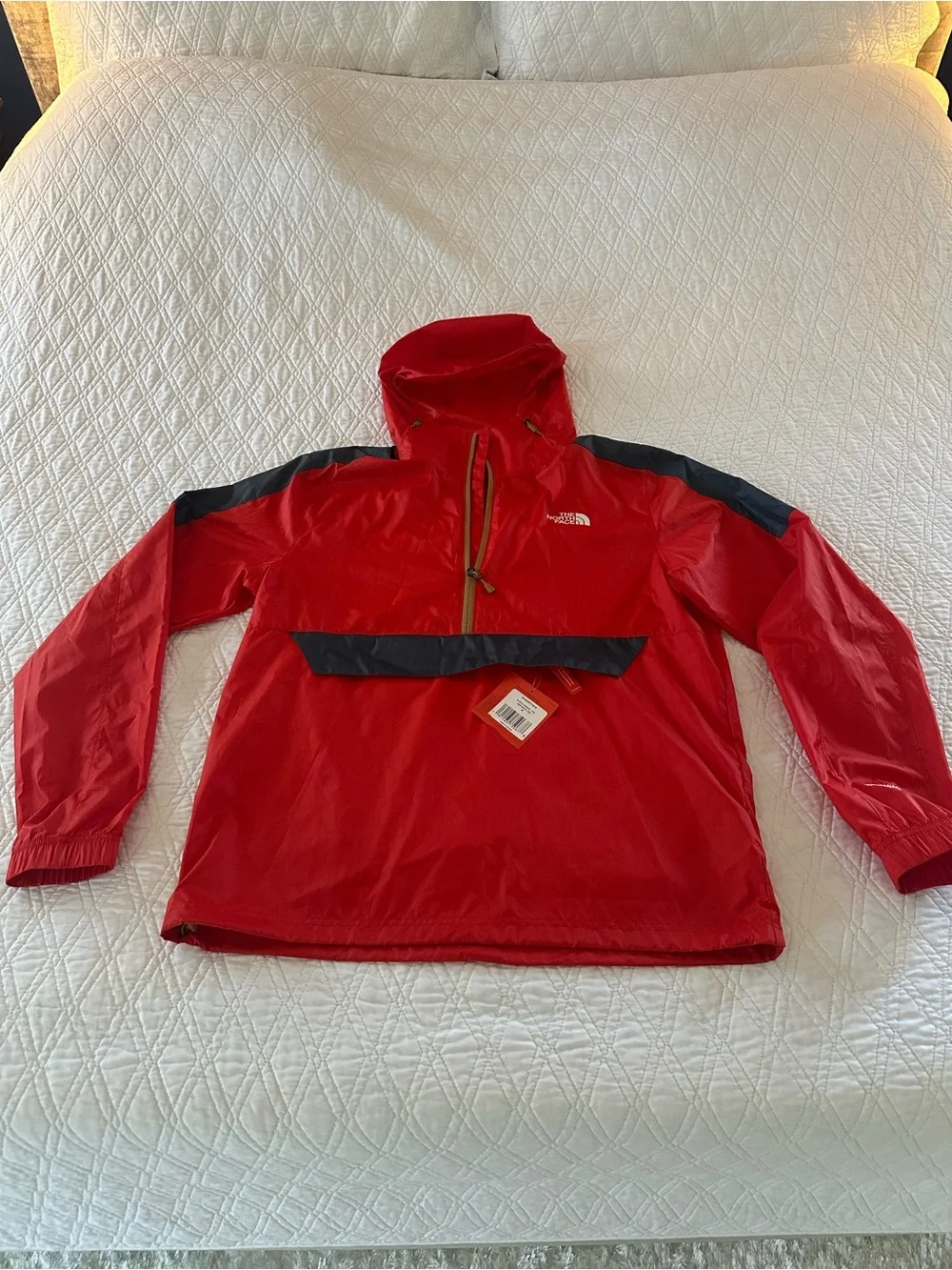 The North Face Red Hooded Pullover Windbreaker with Contrast Zipper